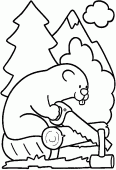 coloring picture of beaver is sawing a log of wood