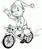 coloring picture of Noddy on his bicycle with only one hand on the handlebar