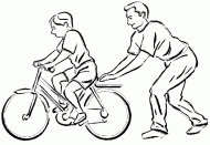 coloring picture of a father teaches his son to ride a bike without training wheels