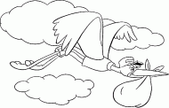 coloring picture of a stork flies in the sky with a baby in his nozzle