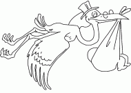 coloring picture of stork which transports a baby in a cloth