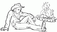 coloring picture of cowboy sat near of a campfire