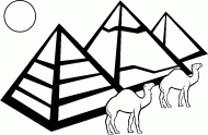 coloring picture of two dromedaries in front of three pyramids
