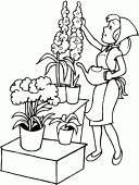 coloring picture of The florist waters her flowers