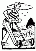 coloring picture of a man mows the lawn