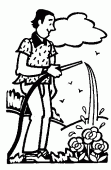 coloring picture of a man sprinkles his flowers with a sprinkler pipe