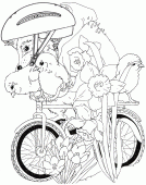 coloring picture of hedgehog on bicycle with birds
