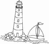 coloring picture of a boat near a lighthouse