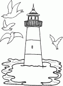 coloring picture of gulls fly around the lighthouse