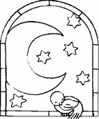 coloring picture of the moon and of stars through a window