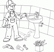 coloring picture of plumber installs a washbasin
