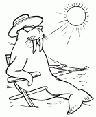 coloring picture of a walrus sits in the sun in a deckchair