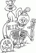 coloring picture of a skeleton, a tomb stone, a black cat and a pumpkin for Halloween