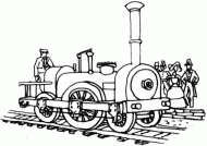 coloring picture of old locomotive and people