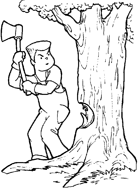 a lumberjack cuts down a tree with an ax
