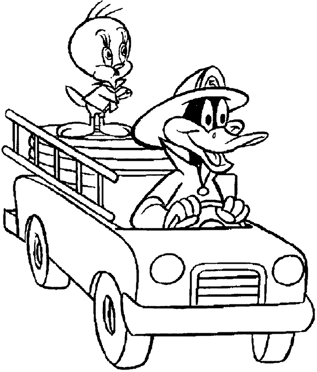 Daffy with Tweety bird in a car