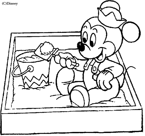 Baby Mickey plays in a sand box