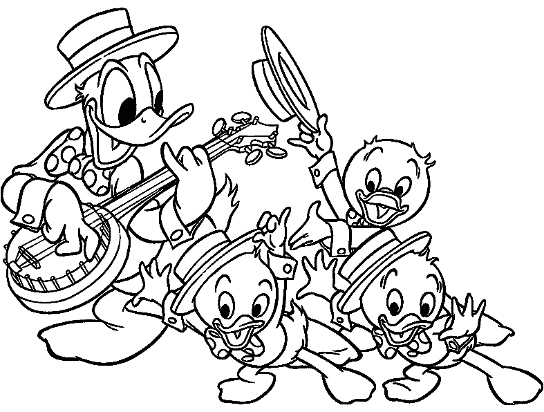 Donald plays guitar while his nephews are dancing