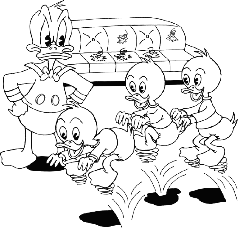 coloring picture of Donald and his nephews who jump