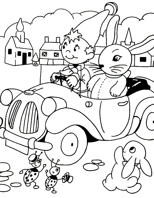 Noddy and a rabbit in a car