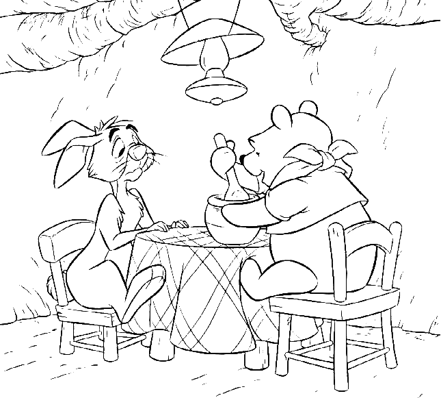 Pooh and Rabbit are sitting around a table