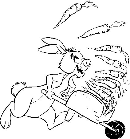 Rabbit carries carrots in a wheelbarrow