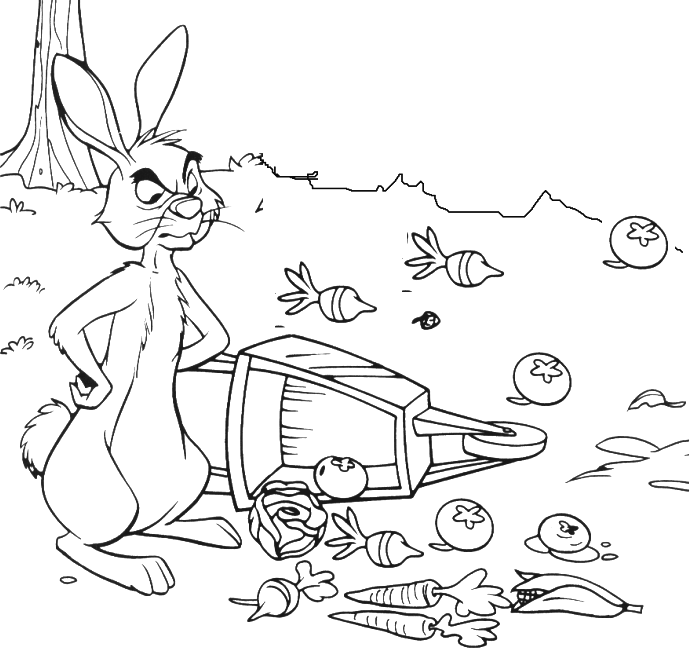 Rabbit overturned his wheelbarrow of fruits and vegetables
