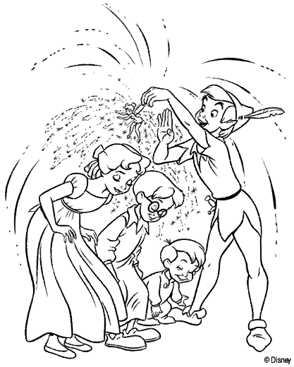 Peter Pan uses the fairy Tinker Bell to powder the children