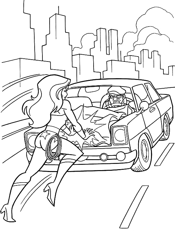 wonder woman is pushing a car