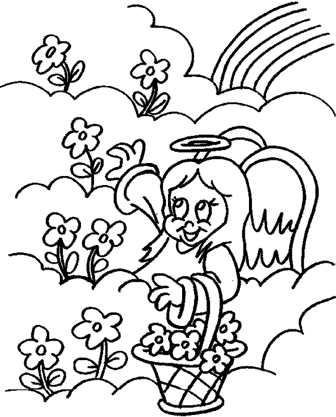 an angel picks flowers in the sky