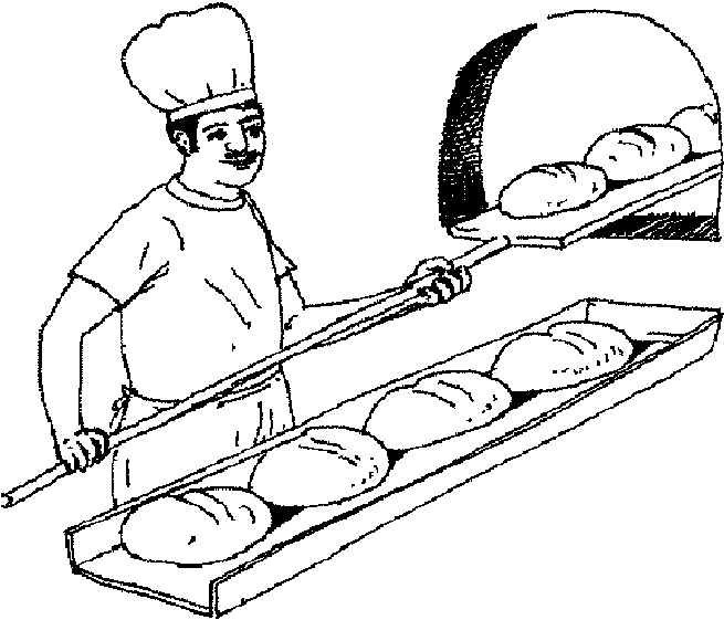 A traditional baker removes fresh bread from the oven with a long wooden peel