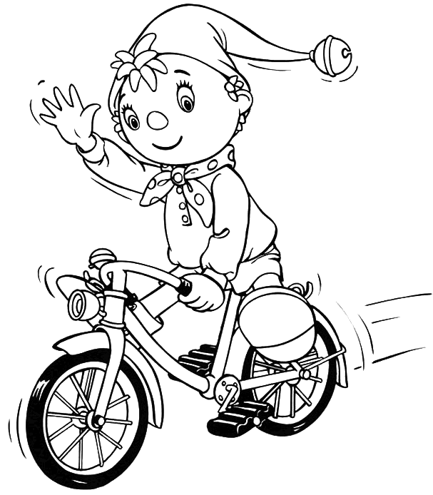 Noddy on his bicycle with only one hand on the handlebar