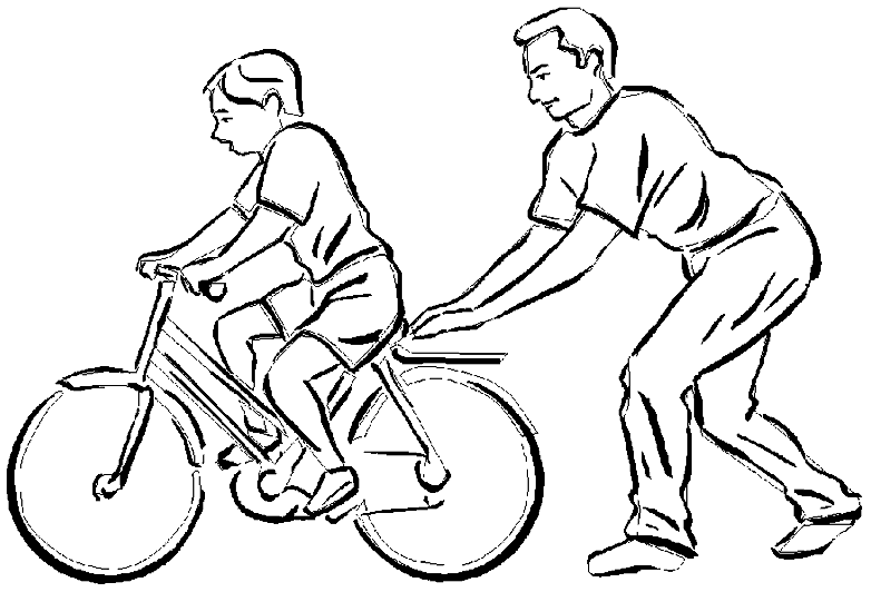a father teaches his son to ride a bike without training wheels
