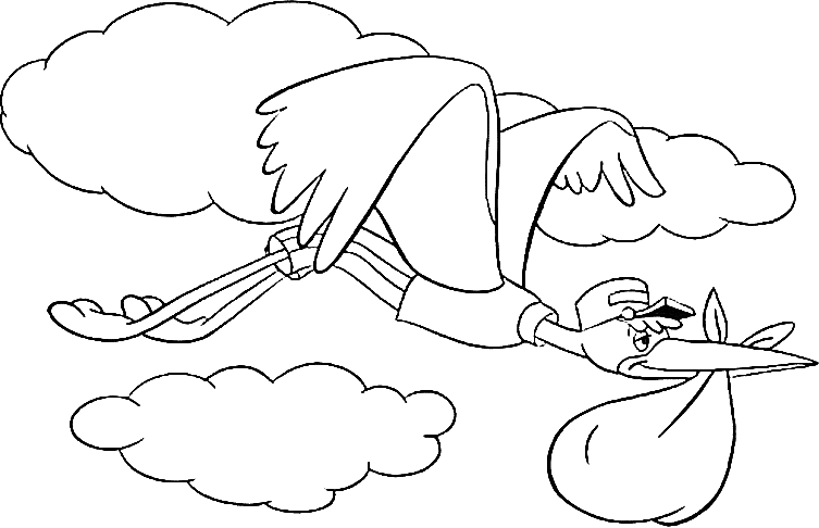 a stork flies in the sky with a baby in his nozzle
