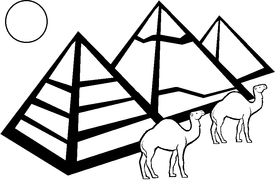 two dromedaries in front of three pyramids