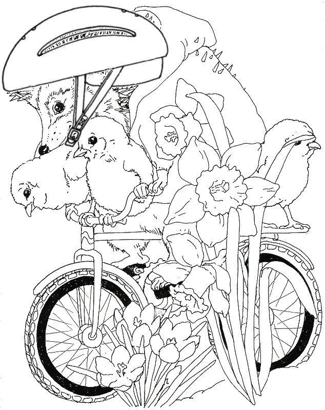 hedgehog on bicycle with birds