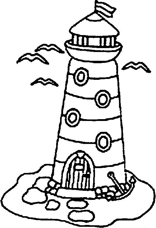 An anchor a lighthouse sand and birds