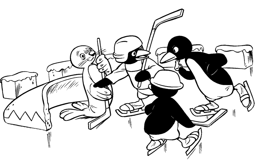 Pingu is playing hockey