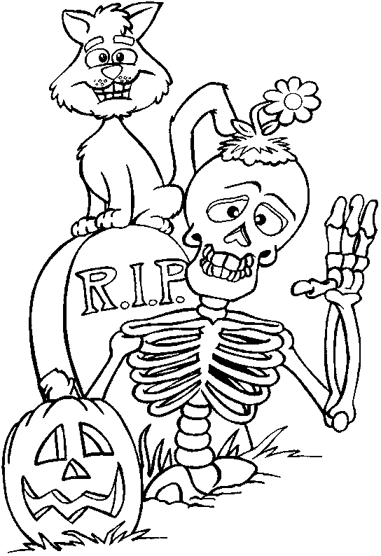 a skeleton, a tomb stone, a black cat and a pumpkin for Halloween