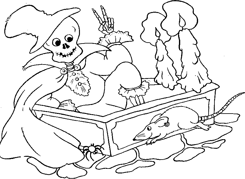 a skeleton in a coffin to frighten
